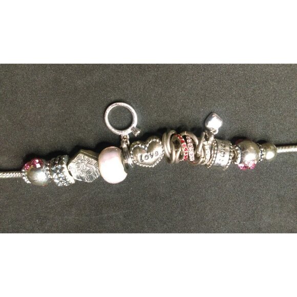 Silver Bracelet with Love Hearts Rings many Charms 8 inches - Picture 3 of 6